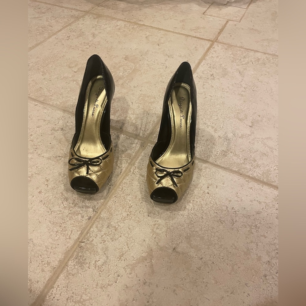 Gold and black square peep toe pumps. With block heel